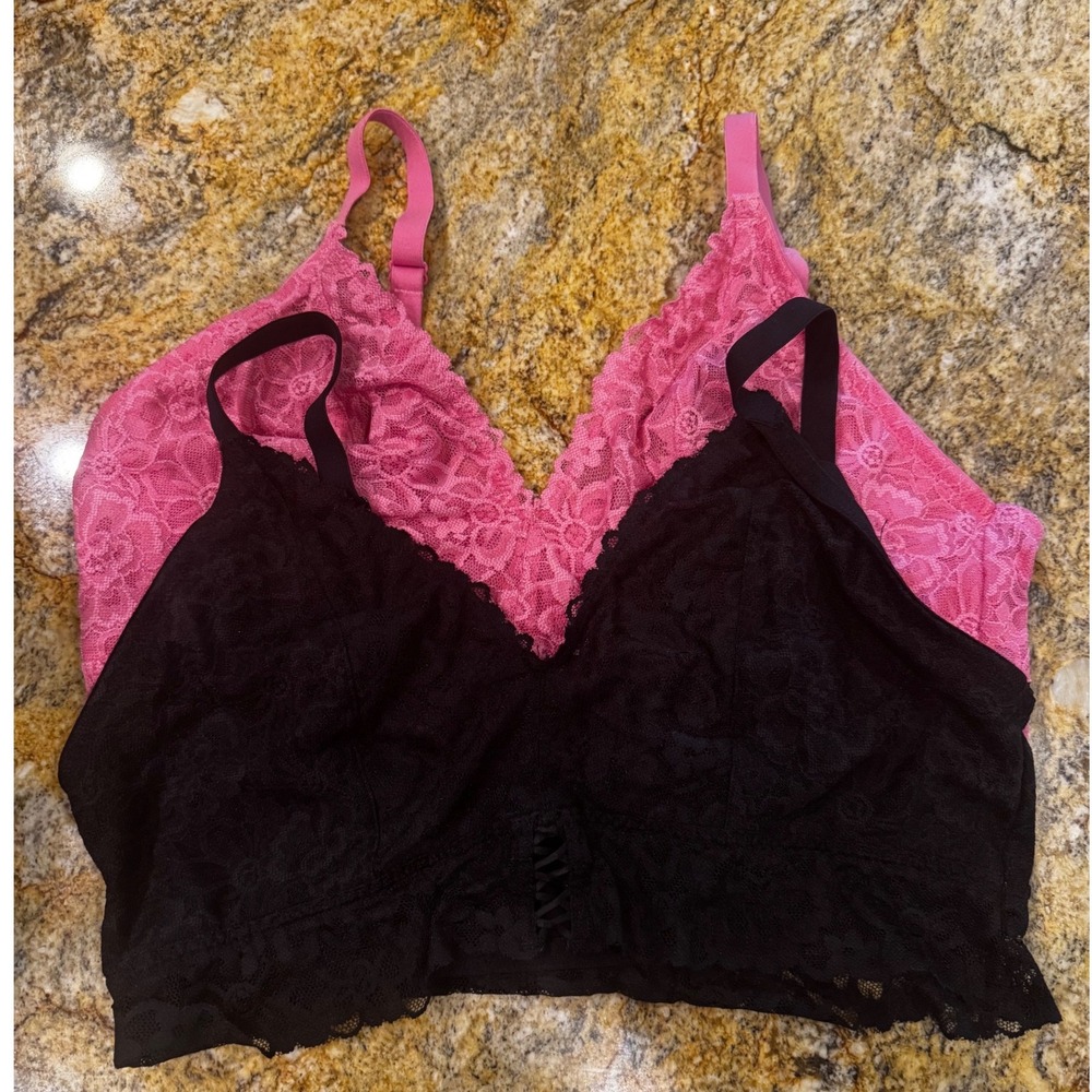Victoria's Secret Lace Bralette 2 Pack Black/Pink XXL Wireless Floral V-Neck